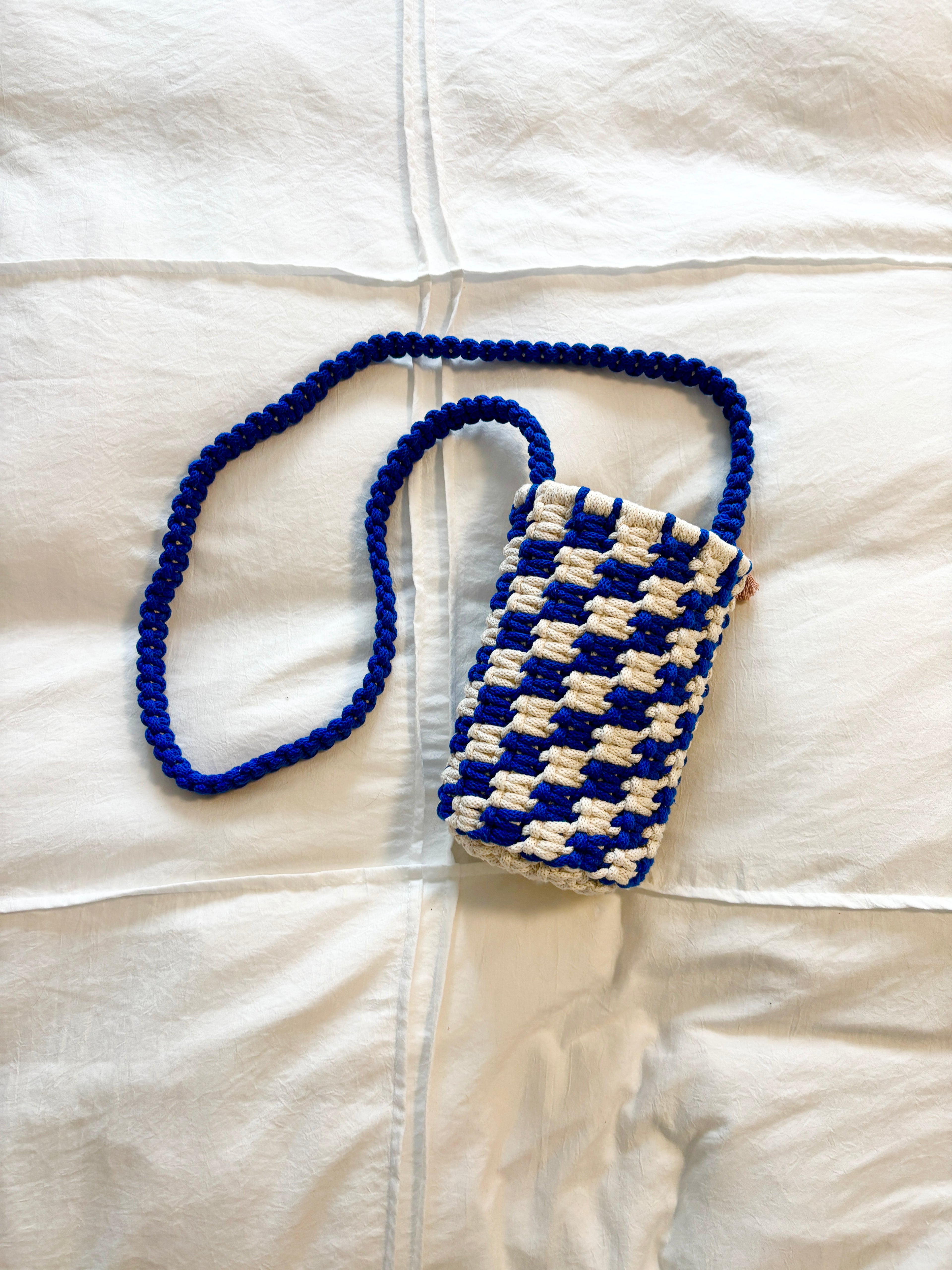 Checkered Water Bottle Sling in Cobalt