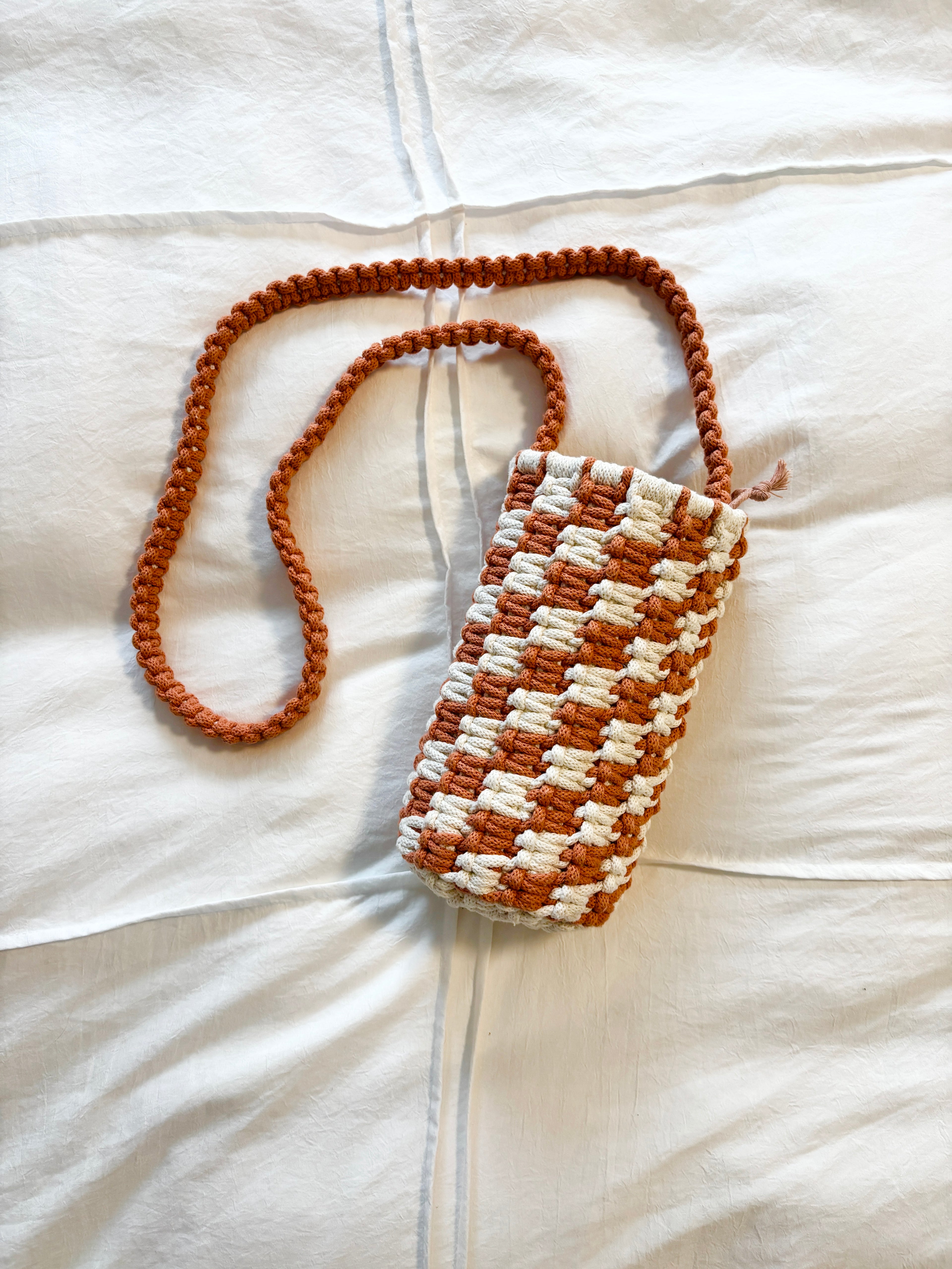 Checkered Water Bottle Sling in Terracotta