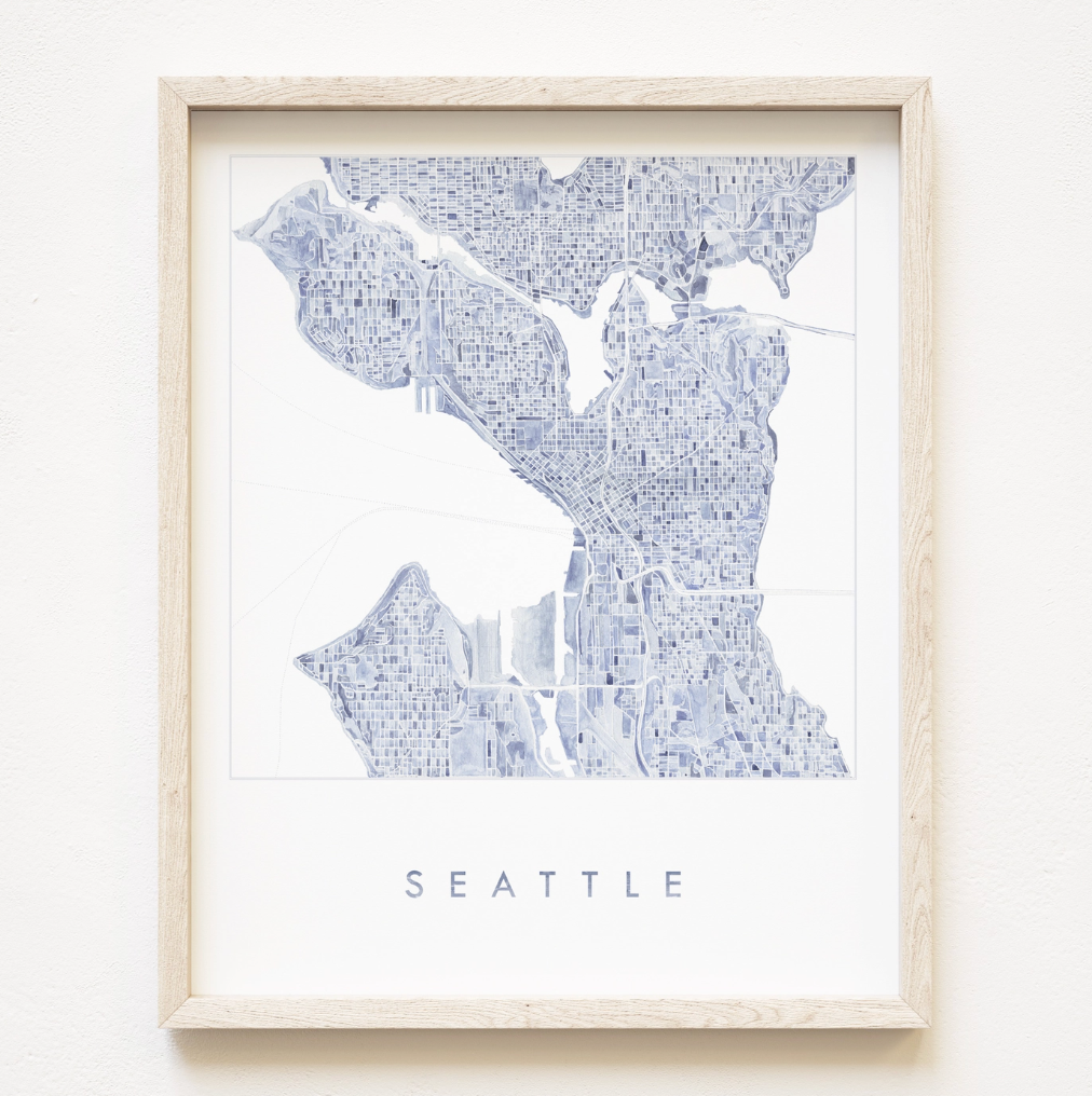 Seattle, WA Blue Watercolor Map Art Print
