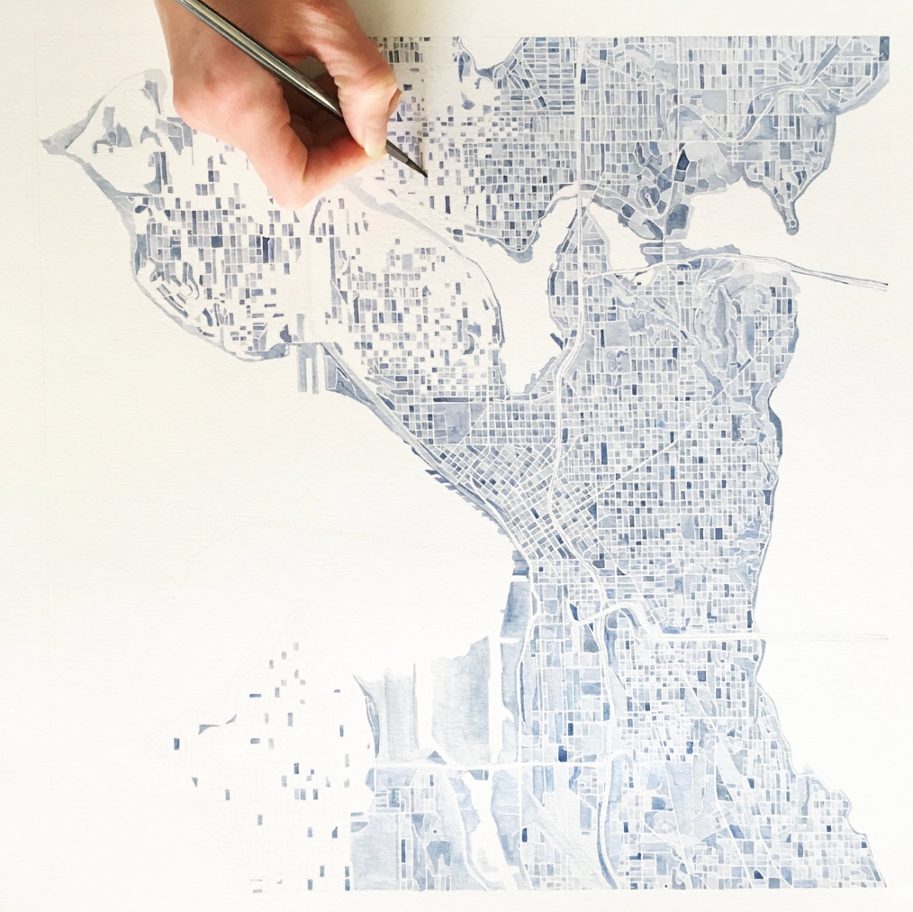 Seattle, WA Blue Watercolor Map Art Print