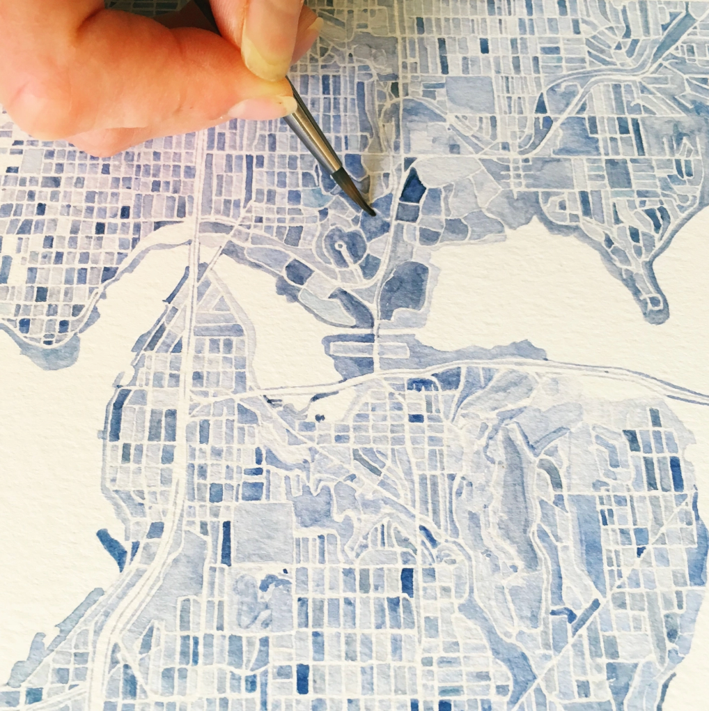 Seattle, WA Blue Watercolor Map Art Print