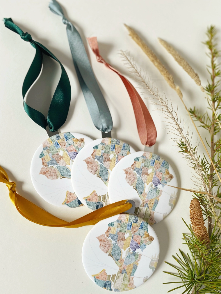 Seattle, WA Ornament: Neighborhoods Watercolor Map