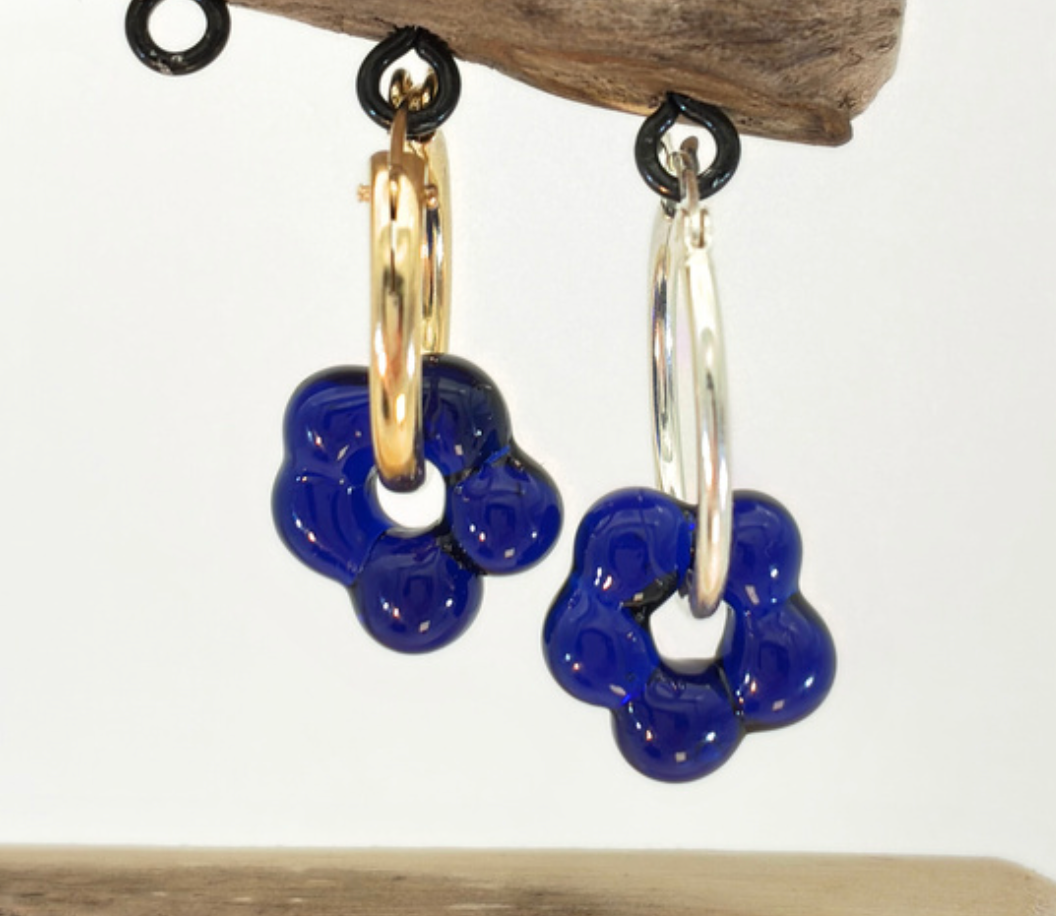 Handblown Flower Earrings, Dark Blue