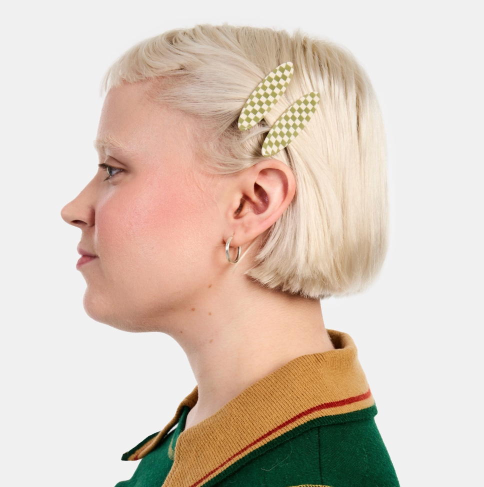 Allie Clips in Oval Olive Check